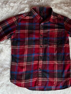 UNIQLO Boys Button Down Plaid Flannel Shirt Navy Red White sz 7-8